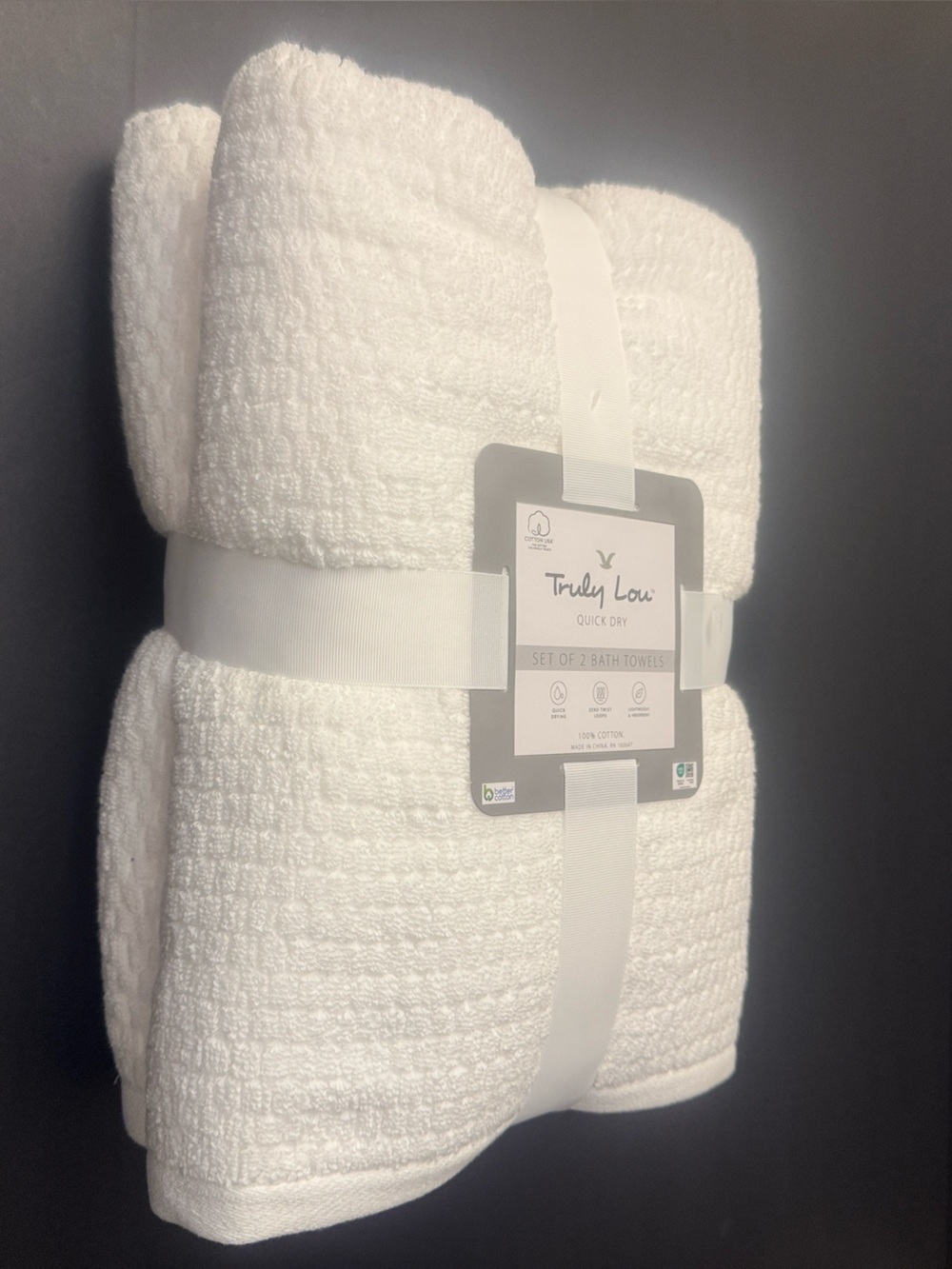 2pc TRULY LOU Quick Dry 100% Cotton Zero Twist Loops Bath Towels - White
